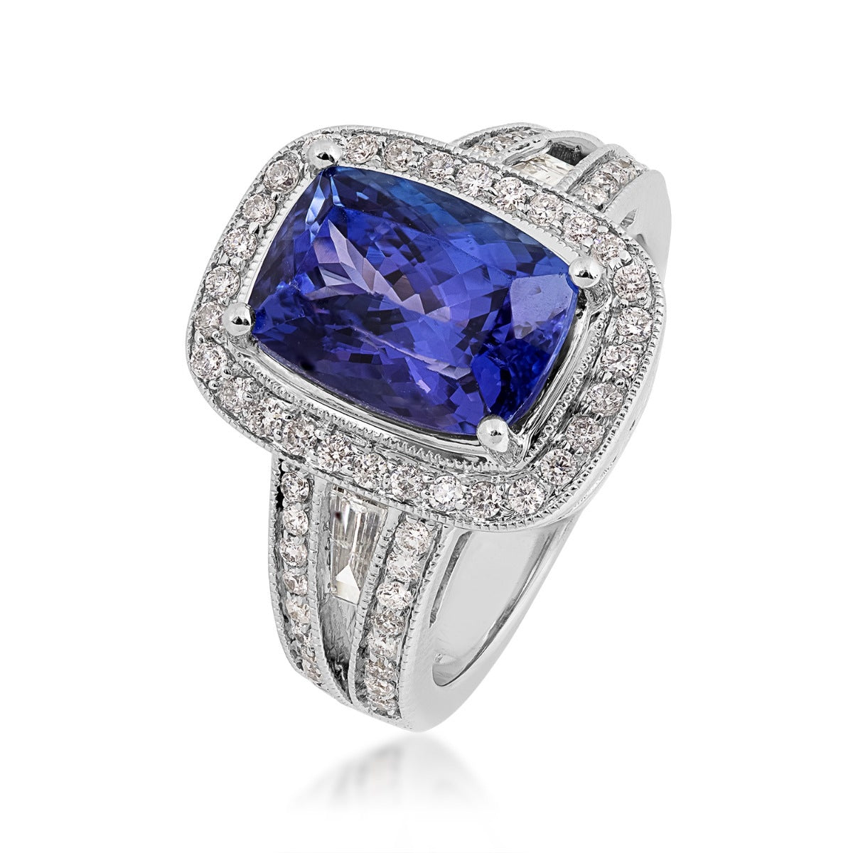 Cushion Tanzanite & 1 ct. tw. Diamond Halo Ring with Milgrain Detailing in 14K White Gold front view