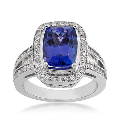 Cushion Tanzanite & 1 ct. tw. Diamond Halo Ring with Milgrain Detailing in 14K White Gold