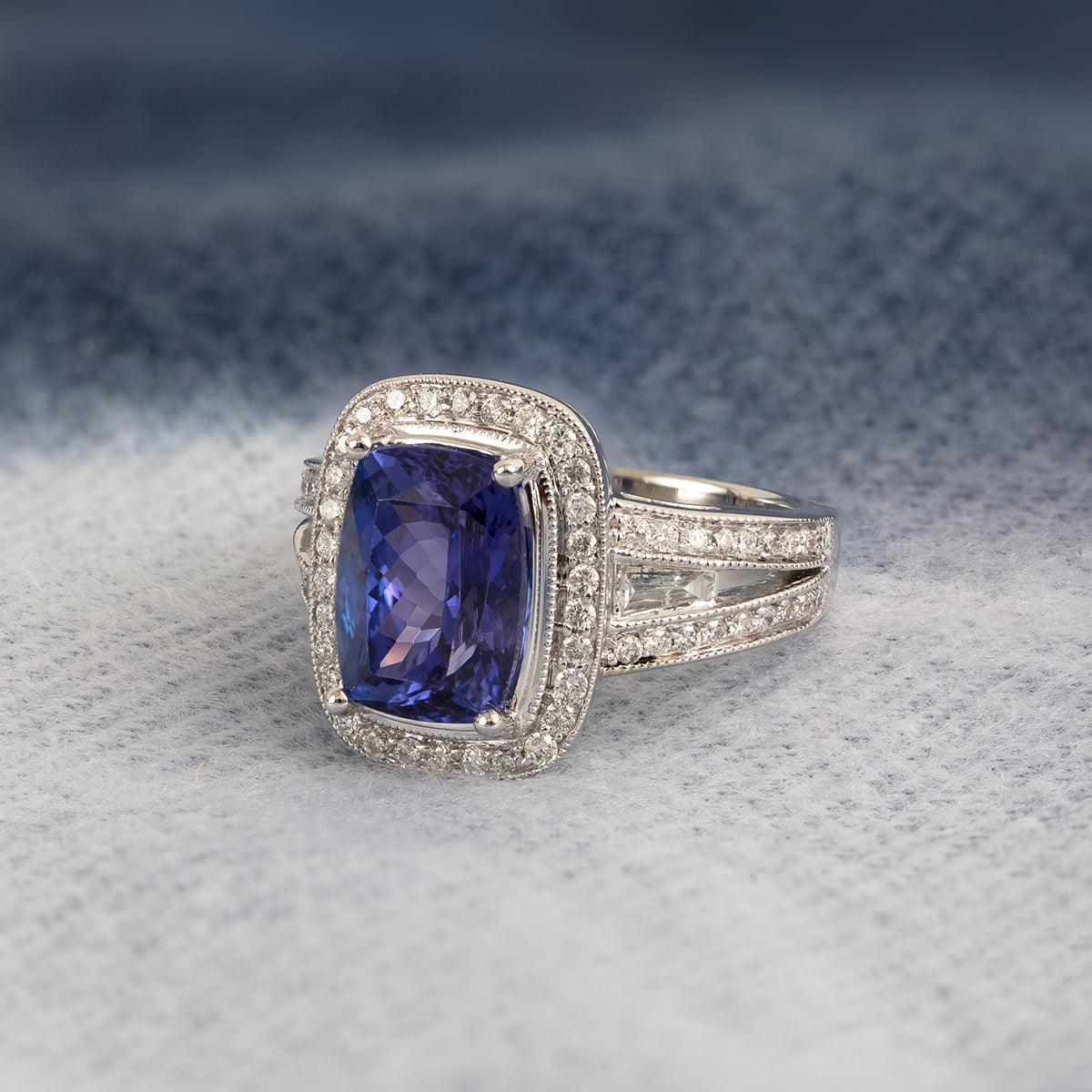 Cushion Tanzanite & 1 ct. tw. Diamond Halo Ring with Milgrain Detailing in 14K White Gold close-up detail