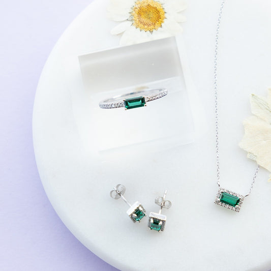Created Emerald Cut Emerald & 1/10 ct. tw. Diamond Stackable Ring in 10K White Gold close-up detail