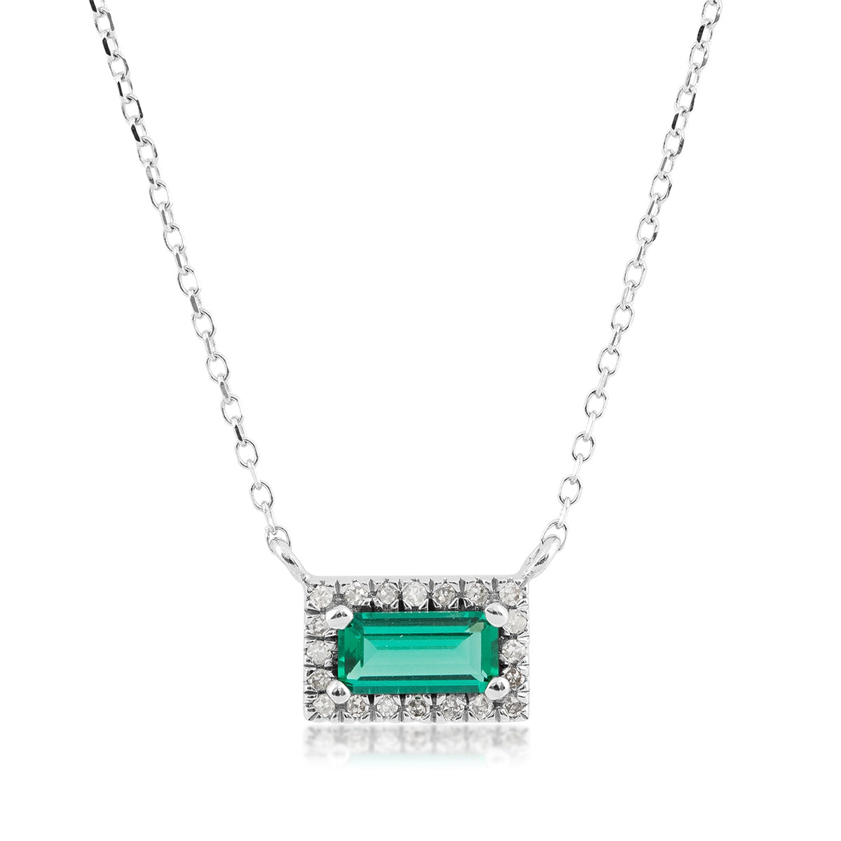 Created Emerald Cut Emerald & Diamond Halo Necklace in 10K White Gold