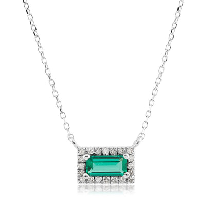 Created Emerald Cut Emerald & Diamond Halo Necklace in 10K White Gold