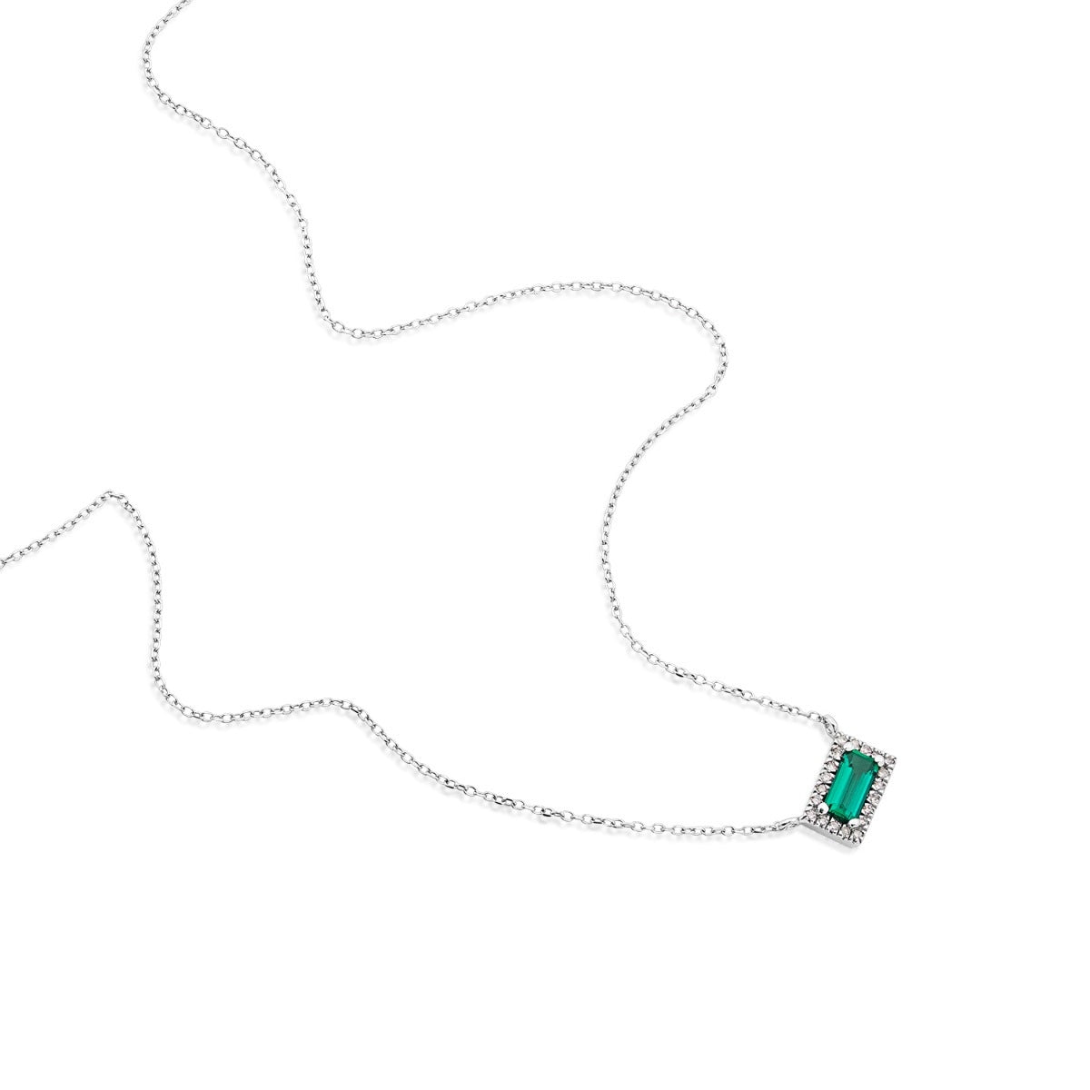 Created Emerald Cut Emerald & Diamond Halo Necklace in 10K White Gold front view