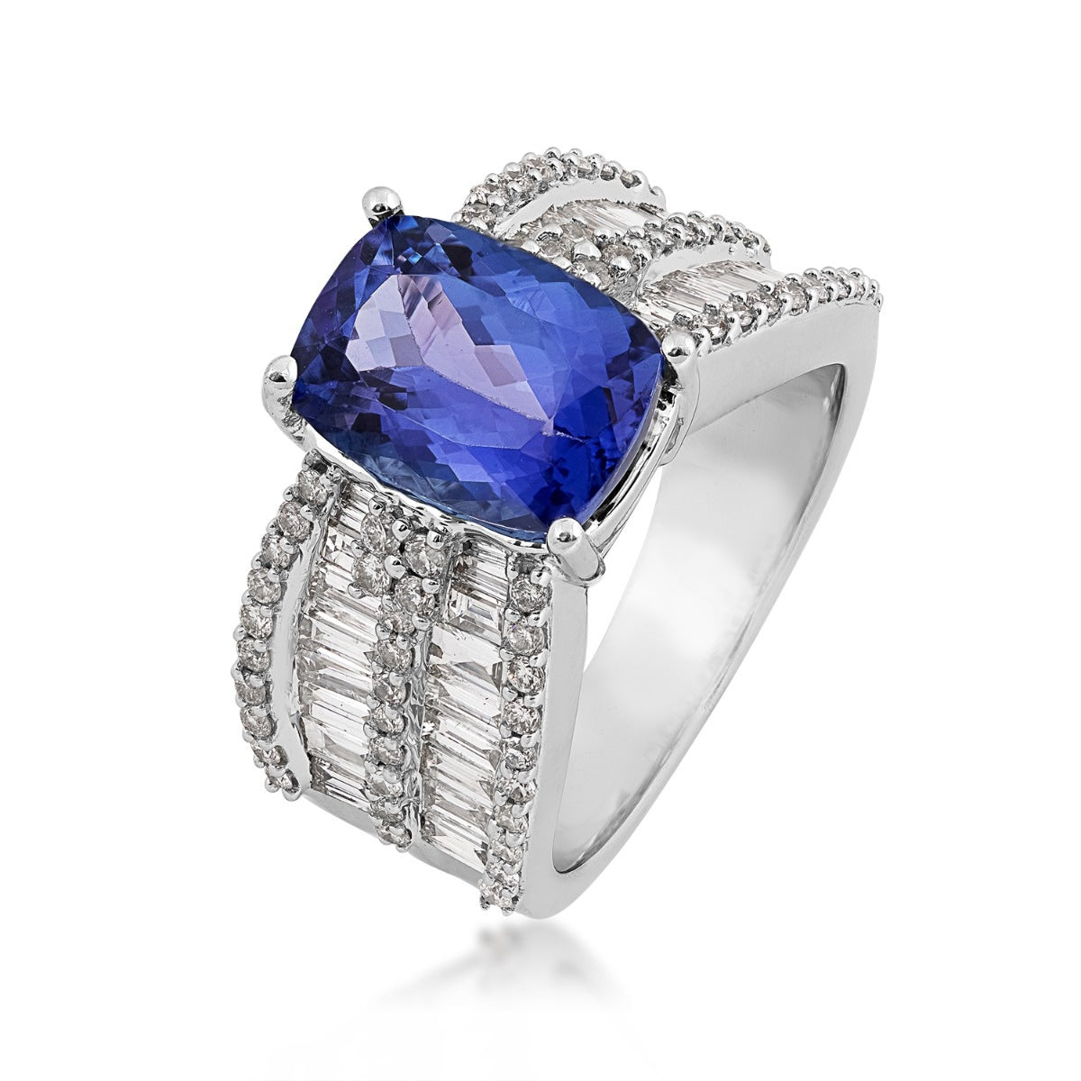 Cushion Tanzanite & 2 ct. tw. Round & Baguette Diamond Ring in 14K White Gold front view