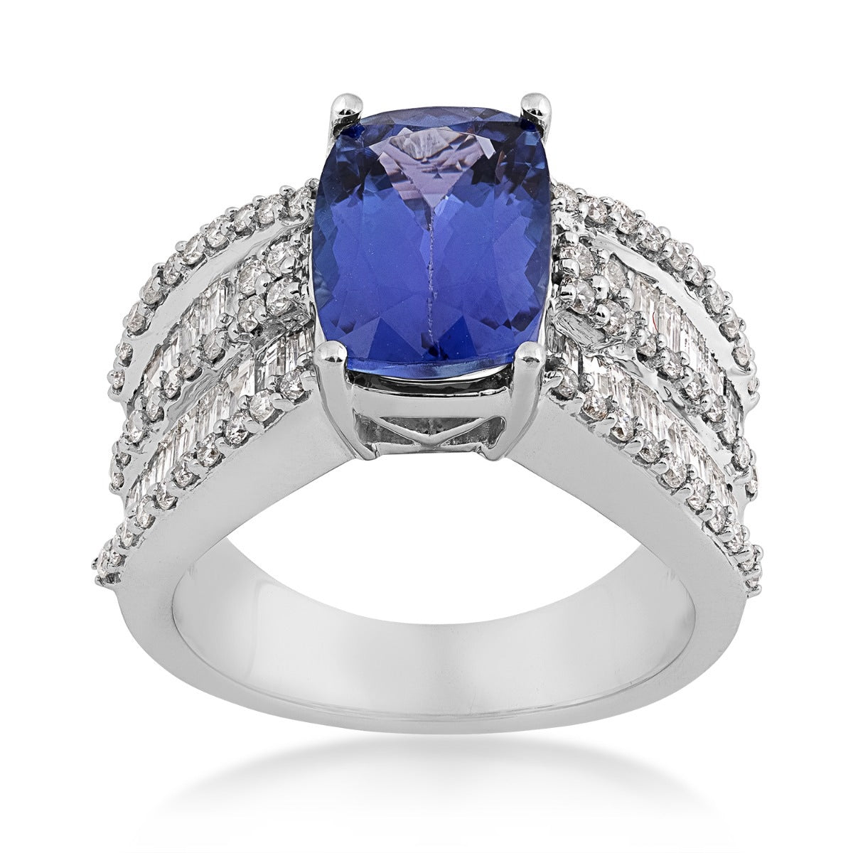 Cushion Tanzanite & 2 ct. tw. Round & Baguette Diamond Ring in 14K White Gold
