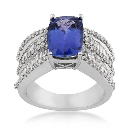 Cushion Tanzanite & 2 ct. tw. Round & Baguette Diamond Ring in 14K White Gold