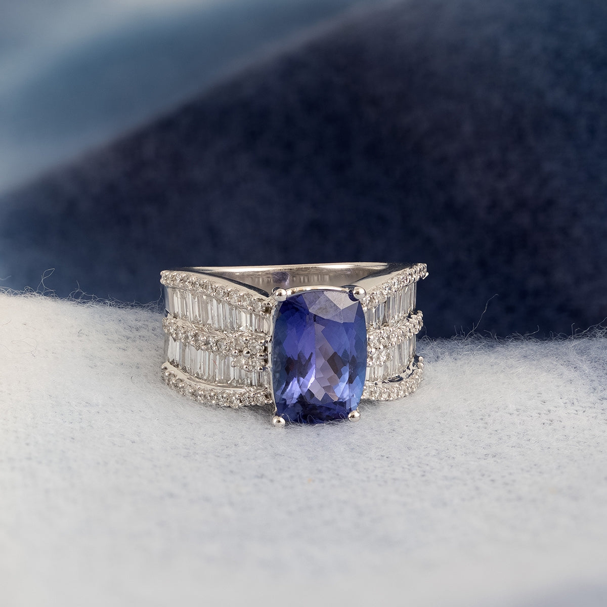 Cushion Tanzanite & 2 ct. tw. Round & Baguette Diamond Ring in 14K White Gold close-up detail