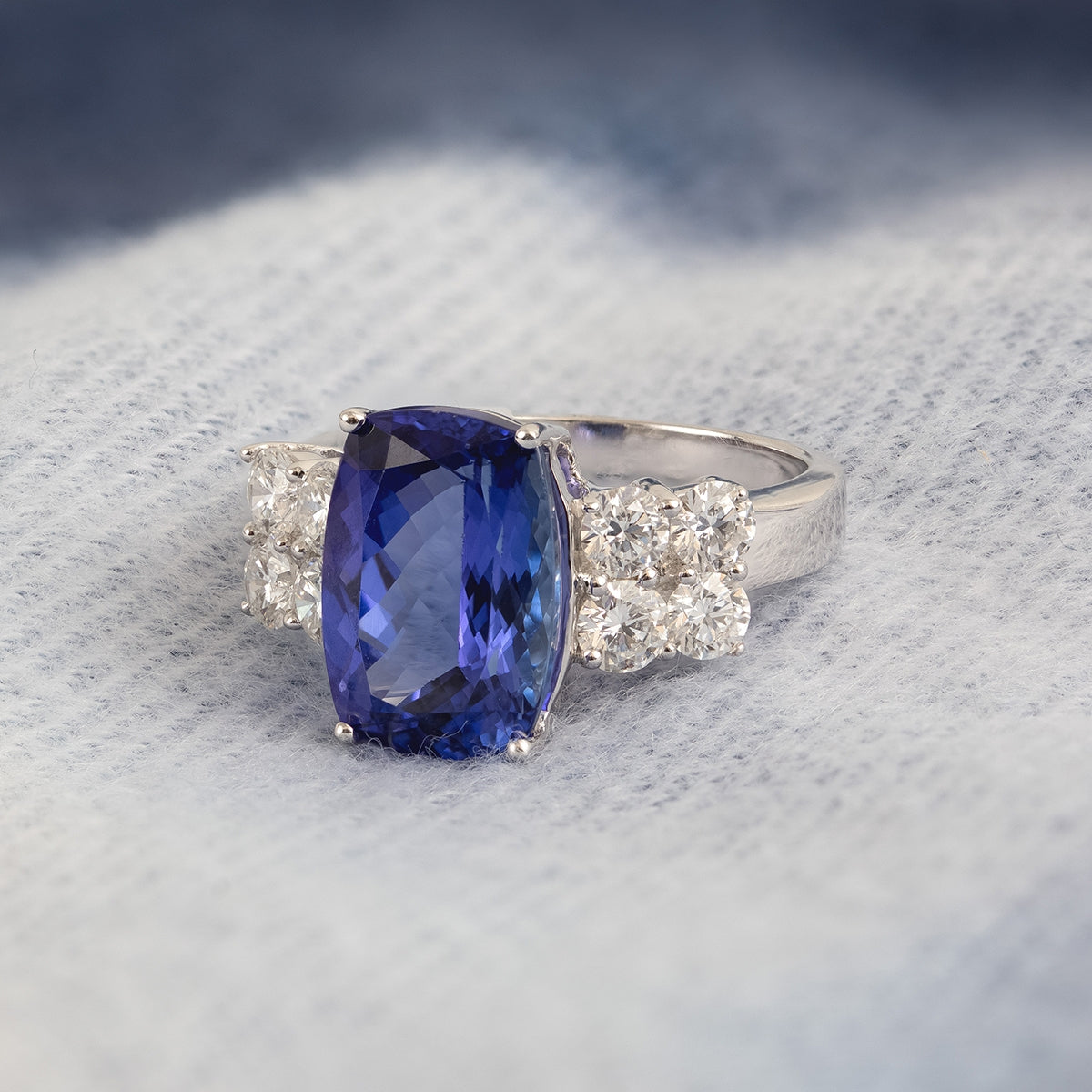 Cushion Tanzanite & 1-1/10 ct. tw. Diamond Ring in 14K White Gold close-up detail