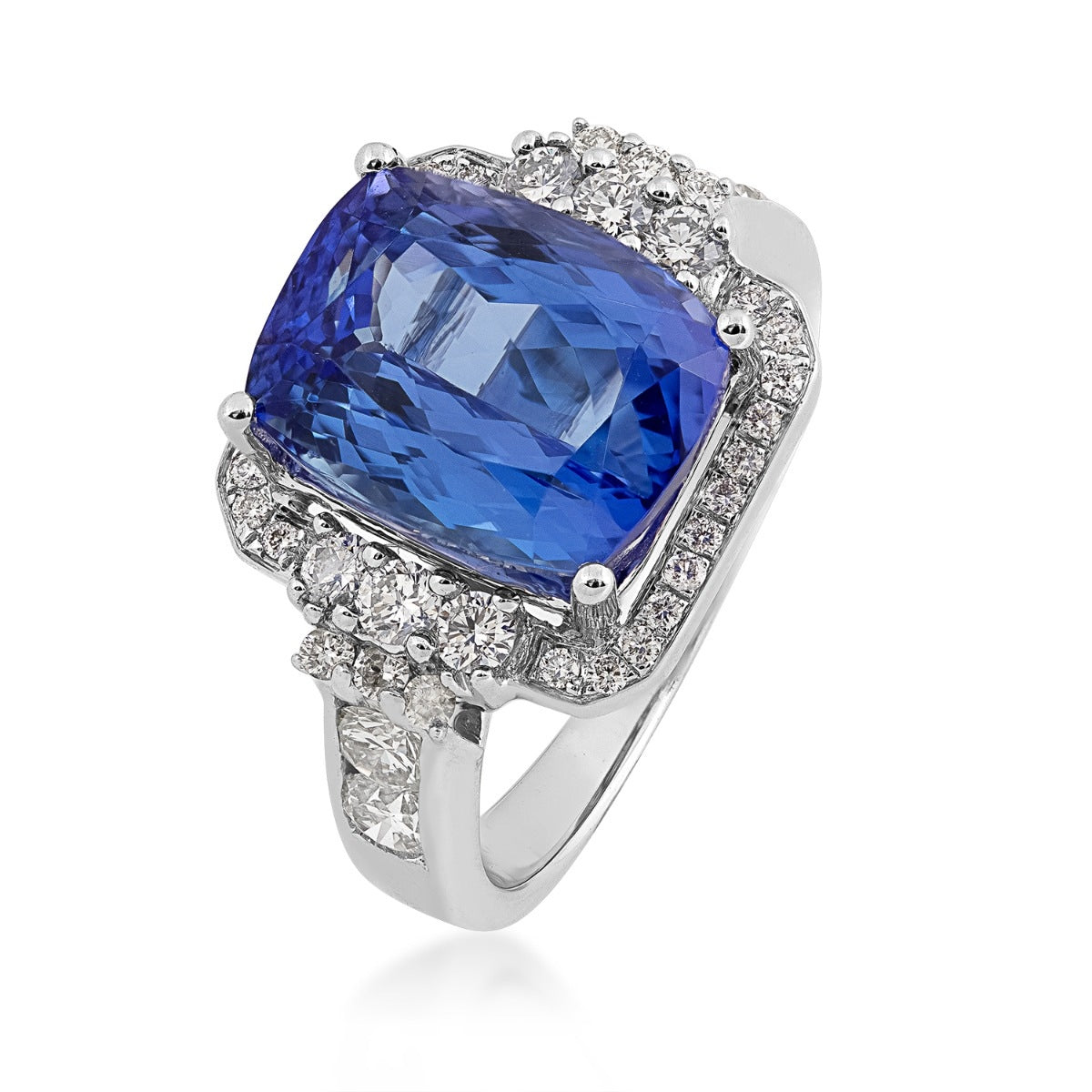 Cushion Tanzanite & 1 ct. tw. Diamond Halo Ring in 14K White Gold front view