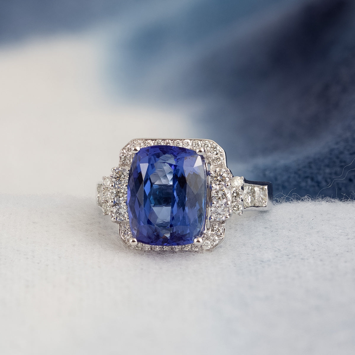 Cushion Tanzanite & 1 ct. tw. Diamond Halo Ring in 14K White Gold close-up detail