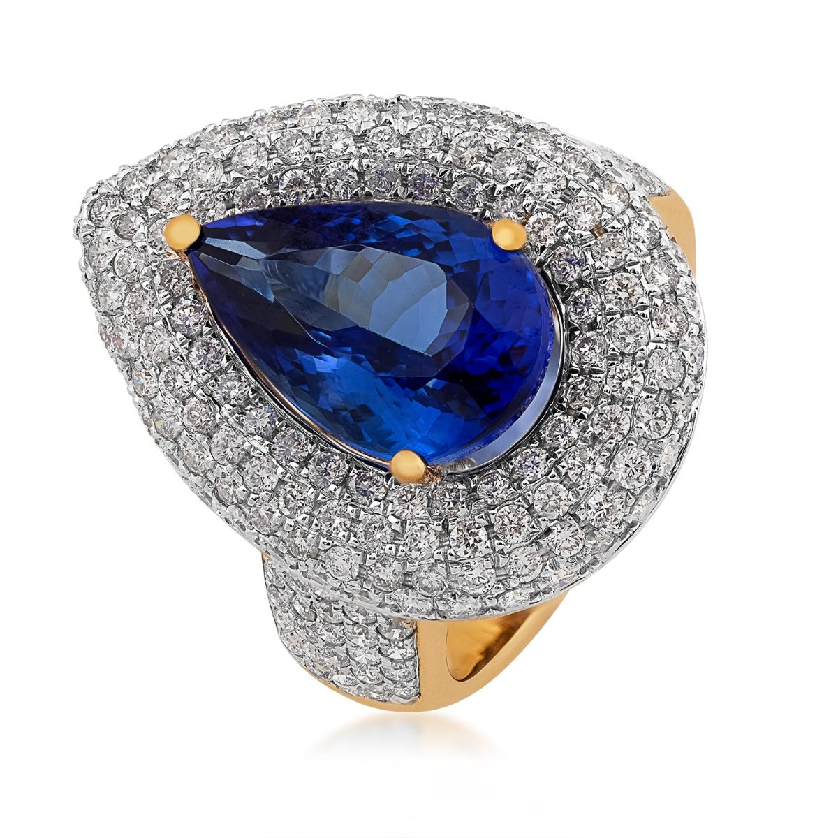 Pear Tanzanite & 2 ct. tw. Diamond Triple Halo Ring in 14K Yellow Gold front view