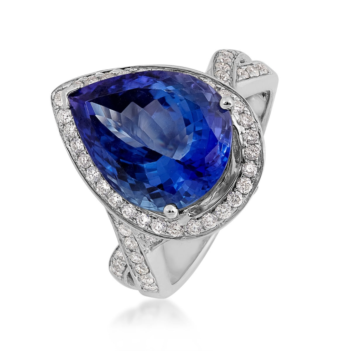 Pear Tanzanite & 7/8 ct. tw. Diamond Halo Twist Ring in 14K White Gold front view