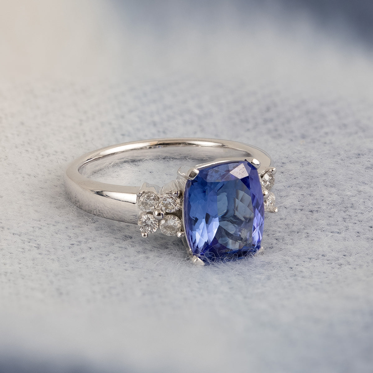Cushion Tanzanite & 1/3 ct. tw. Diamond Ring in 14K White Gold close-up detail