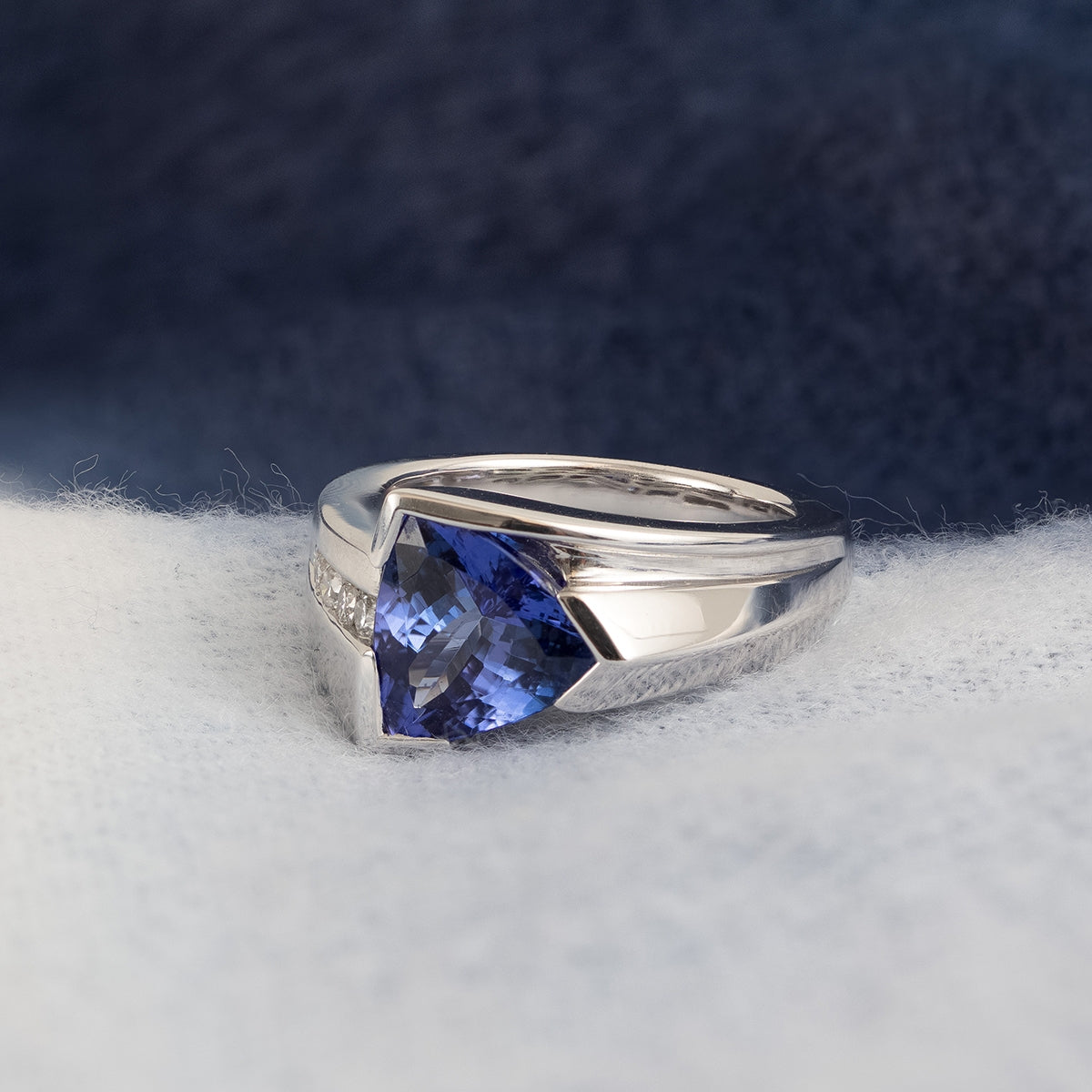 Trillion Tanzanite & 1/5 ct. tw. Diamond Ring in 14K White Gold close-up detail