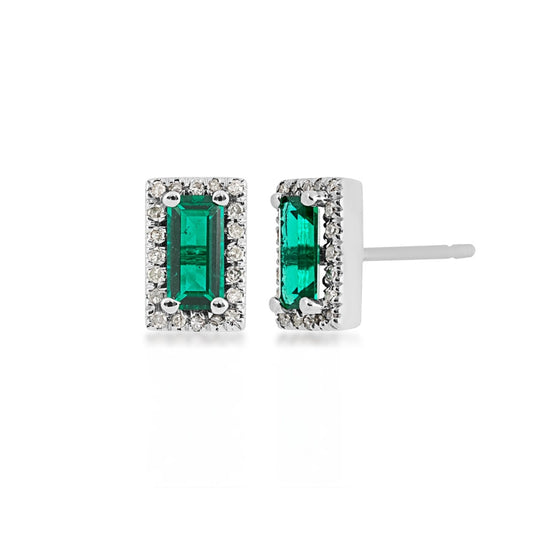 Created Emerald Cut Emerald & 1/8 ct. tw. Diamond Halo Earrings in 10K White Gold