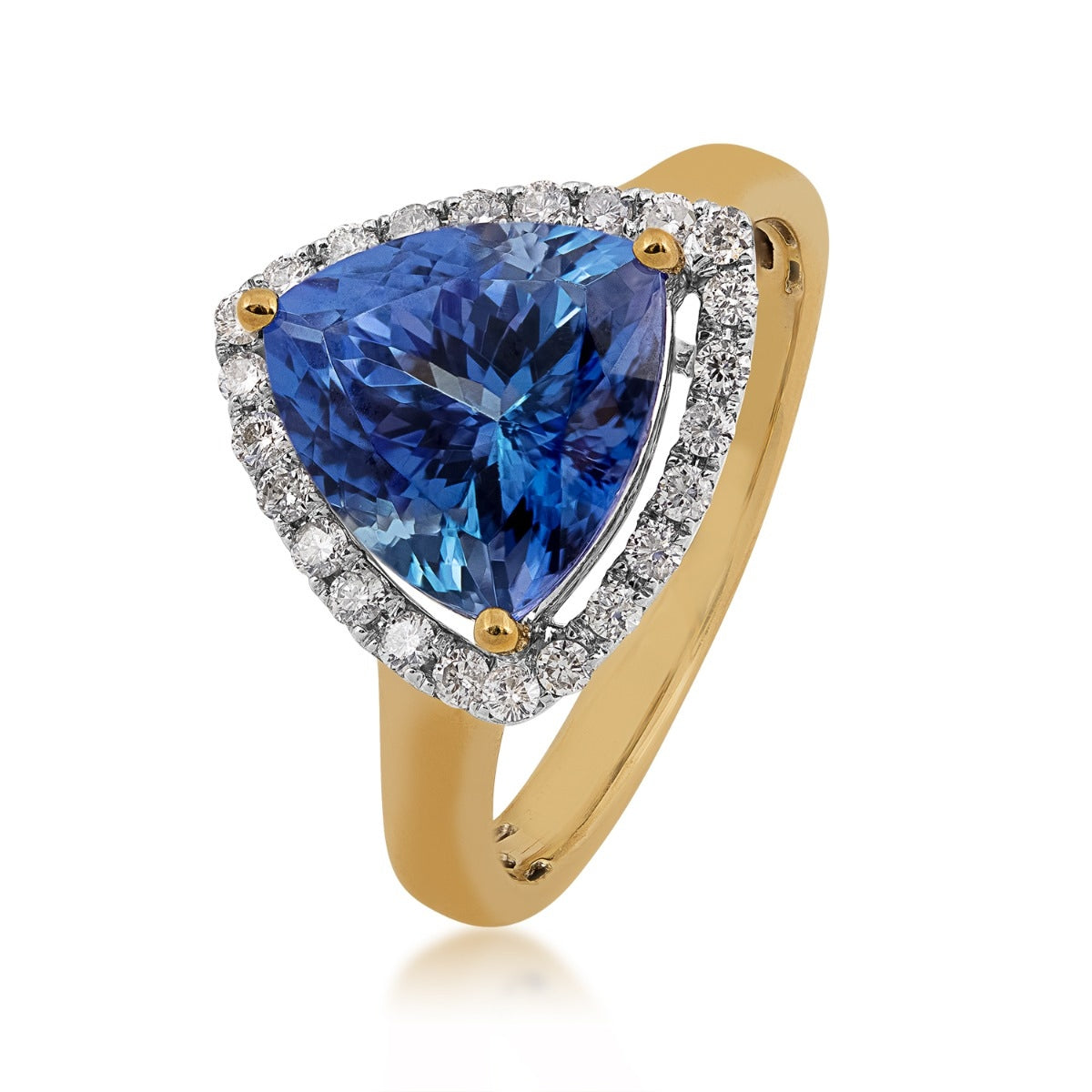 Trillion Tanzanite & 1/3 ct. tw. Diamond Halo Ring in 14K Yellow Gold front view