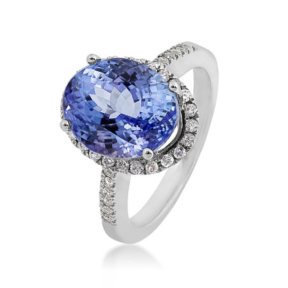 Oval Tanzanite & 1/3 ct. tw. Diamond Halo Ring in 14K White Gold front view