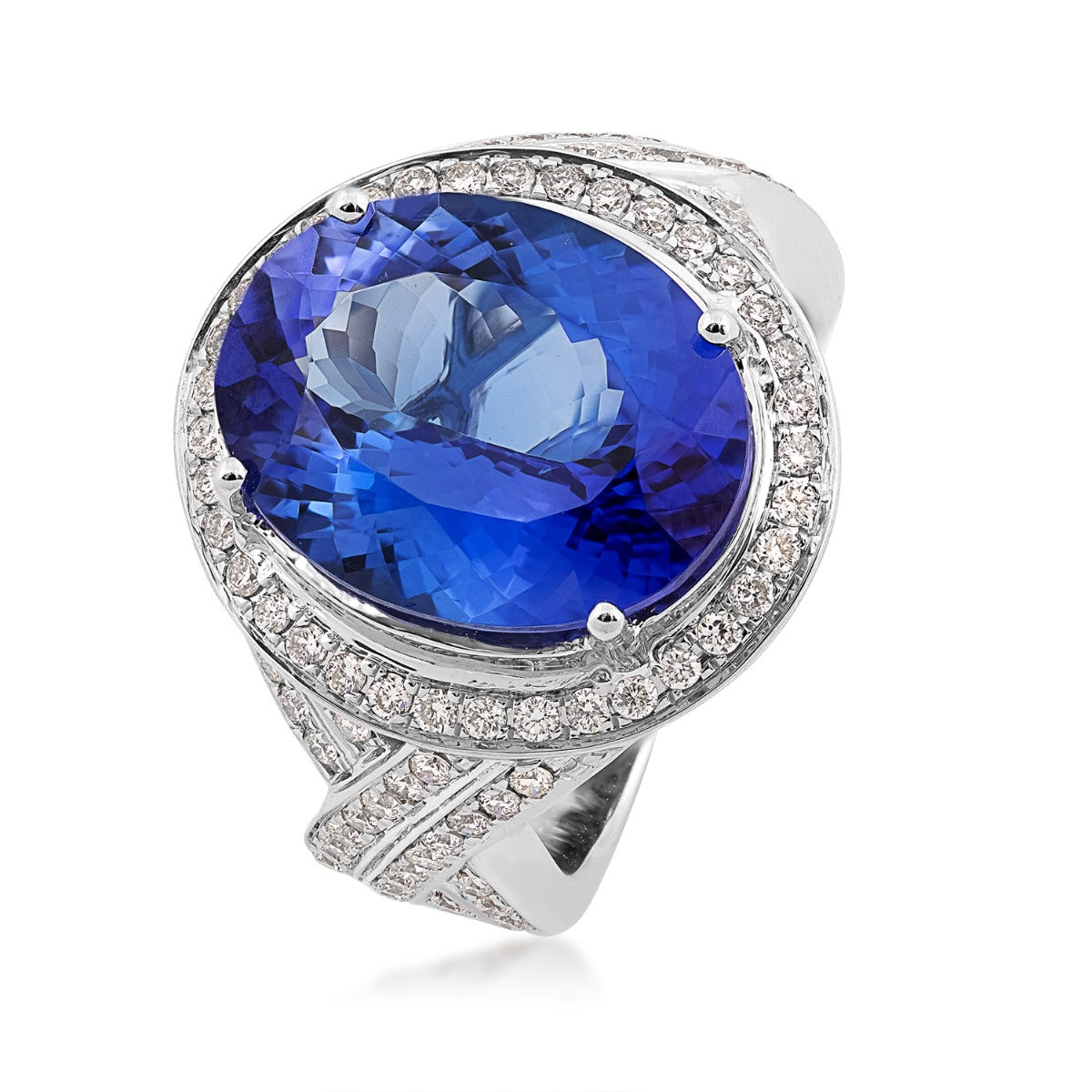Oval Tanzanite & 1 ct. tw. Diamond Halo Twist Ring in 14K White Gold front view