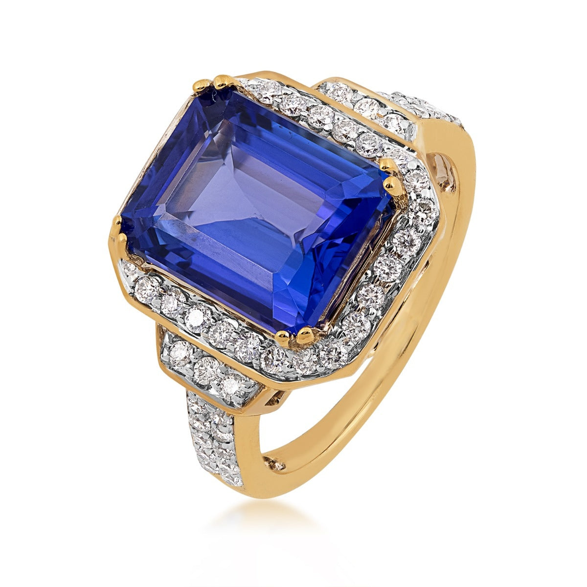 Emerald Cut Tanzanite & 1-1/3 ct. tw. Diamond Halo Ring in 14K Yellow Gold front view