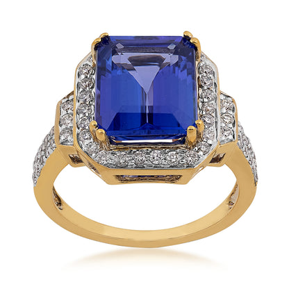 Emerald Cut Tanzanite & 1-1/3 ct. tw. Diamond Halo Ring in 14K Yellow Gold