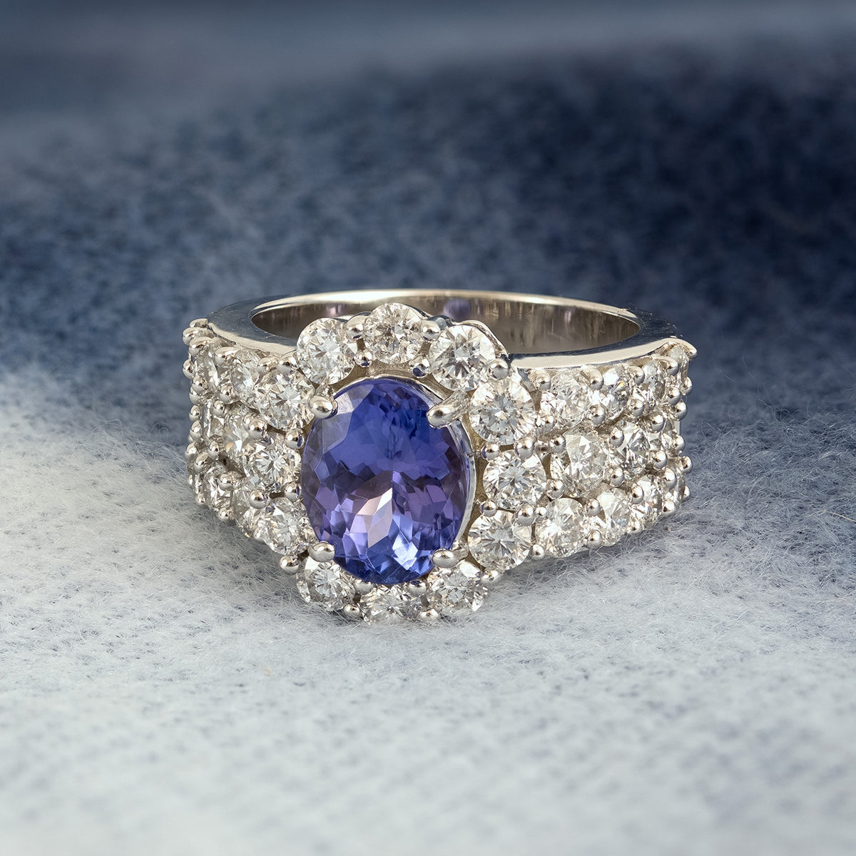 Oval Tanzanite & 2-7/8 ct. tw. Diamond Halo Ring in 14K White Gold close-up detail