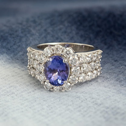 Oval Tanzanite & 2-7/8 ct. tw. Diamond Halo Ring in 14K White Gold close-up detail