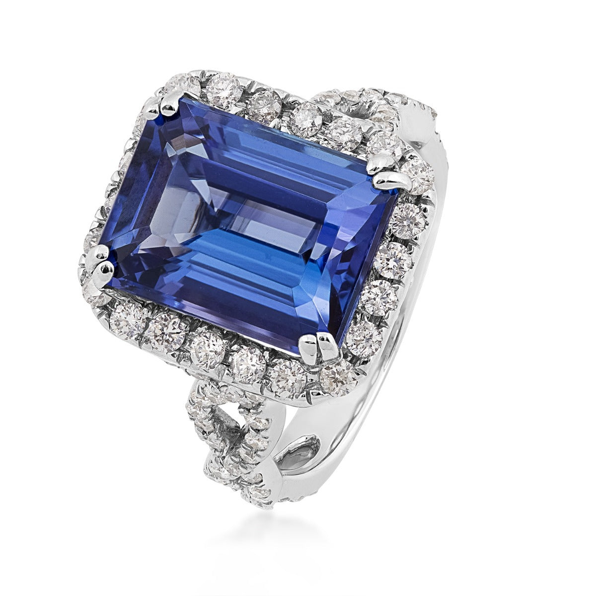 Emerald Cut Tanzanite & 1-1/10 ct. tw. Diamond Halo Twist Ring in 14K White Gold front view