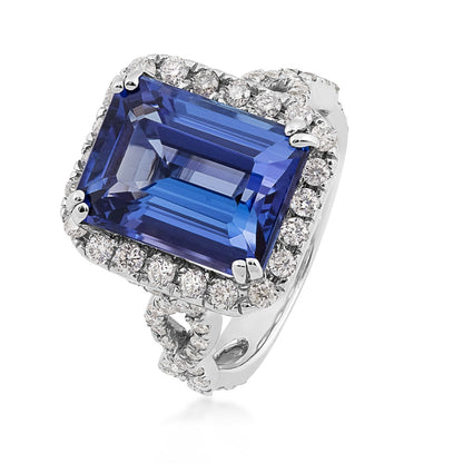 Emerald Cut Tanzanite & 1-1/10 ct. tw. Diamond Halo Twist Ring in 14K White Gold front view