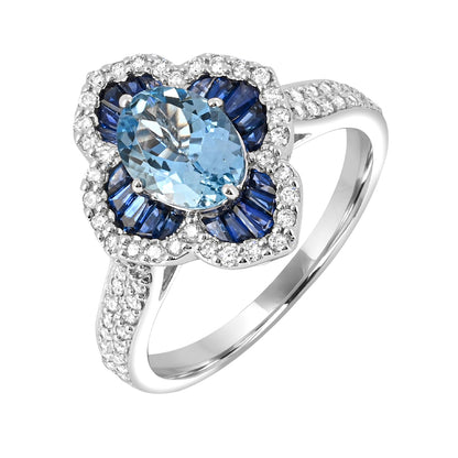 Oval Blue Zircon, Sapphire & 1/2 ct. tw. Diamond Floral Ring in 14K White Gold front view