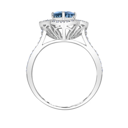 Oval Blue Zircon, Sapphire & 1/2 ct. tw. Diamond Floral Ring in 14K White Gold close-up detail