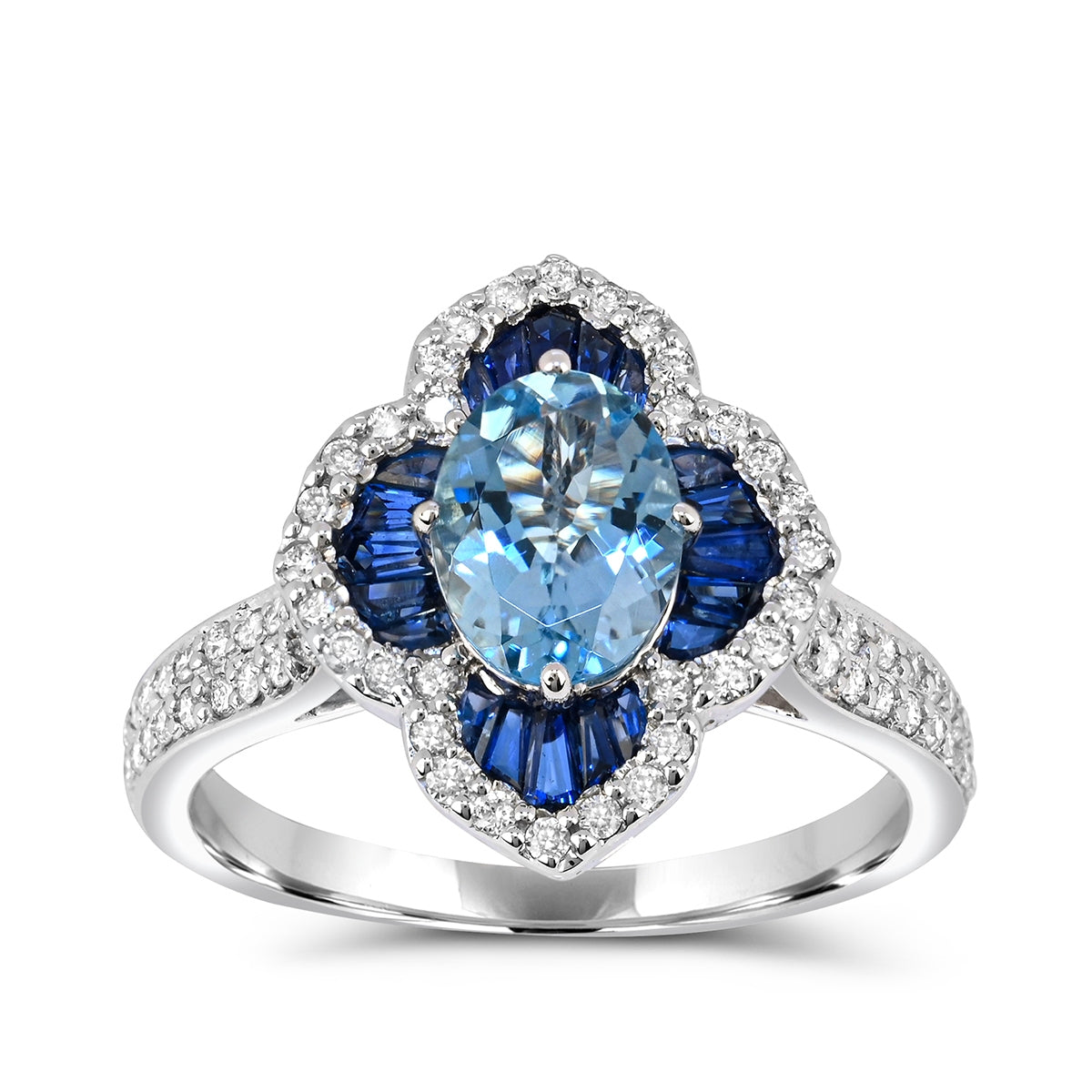 Oval Blue Zircon, Sapphire & 1/2 ct. tw. Diamond Floral Ring in 14K White Gold