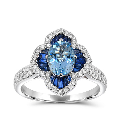 Oval Blue Zircon, Sapphire & 1/2 ct. tw. Diamond Floral Ring in 14K White Gold