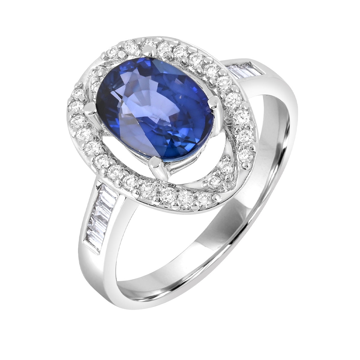 Oval Sapphire & 1/3 ct. tw. Round & Baguette Diamond Halo Ring in 14K White Gold front view