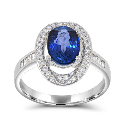 Oval Sapphire & 1/3 ct. tw. Round & Baguette Diamond Halo Ring in 14K White Gold