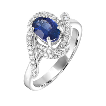 Kanchanaburi Oval Sapphire & 1/3 ct. tw. Diamond Swirl Halo Ring in 14K White Gold front view