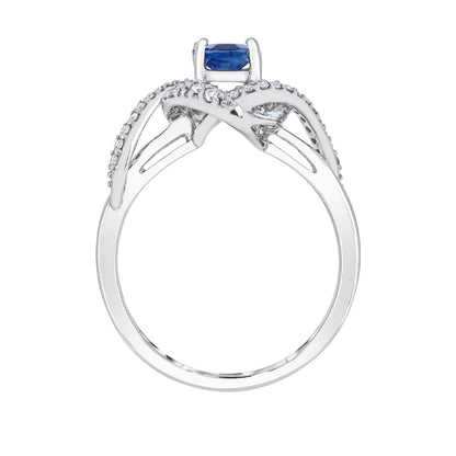 Kanchanaburi Oval Sapphire & 1/3 ct. tw. Diamond Swirl Halo Ring in 14K White Gold close-up detail