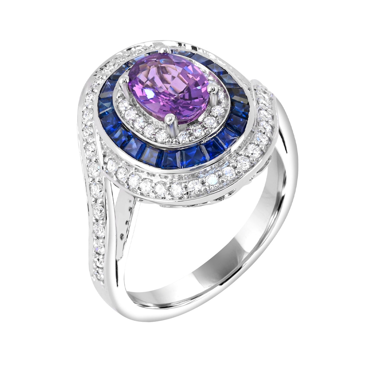Oval Purple Sapphire, Blue Sapphire & 5/8 ct. tw. Diamond Halo Bypass Ring in 14K White Gold front view