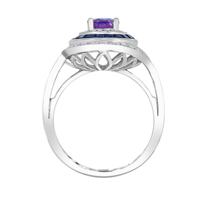 Oval Purple Sapphire, Blue Sapphire & 5/8 ct. tw. Diamond Halo Bypass Ring in 14K White Gold close-up detail