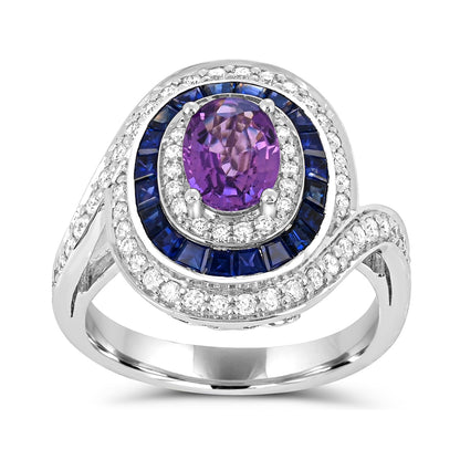 Oval Purple Sapphire, Blue Sapphire & 5/8 ct. tw. Diamond Halo Bypass Ring in 14K White Gold