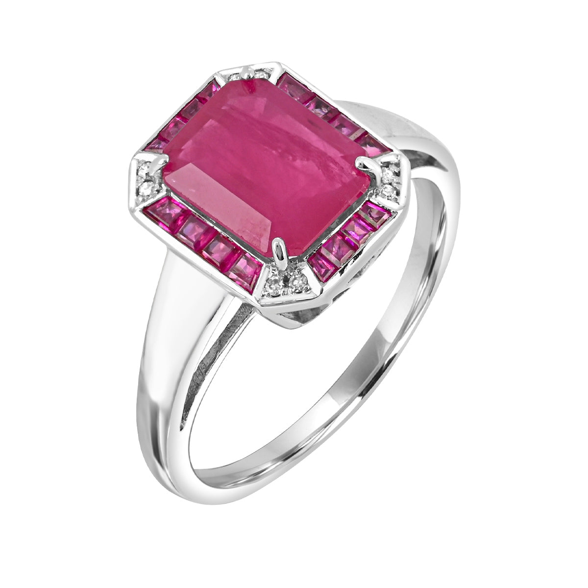 Emerald Cut Ruby Ring with Diamond Accent & Ruby Halo in 14K White Gold front view