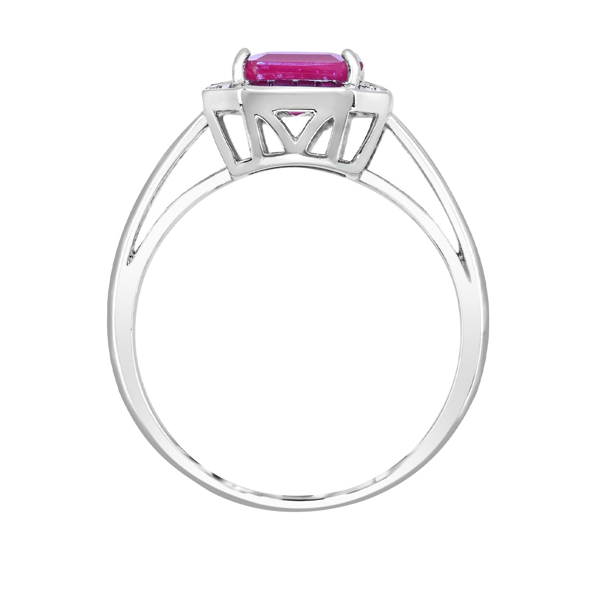 Emerald Cut Ruby Ring with Diamond Accent & Ruby Halo in 14K White Gold close-up detail