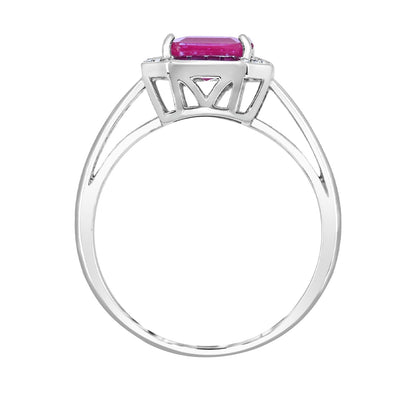 Emerald Cut Ruby Ring with Diamond Accent & Ruby Halo in 14K White Gold close-up detail