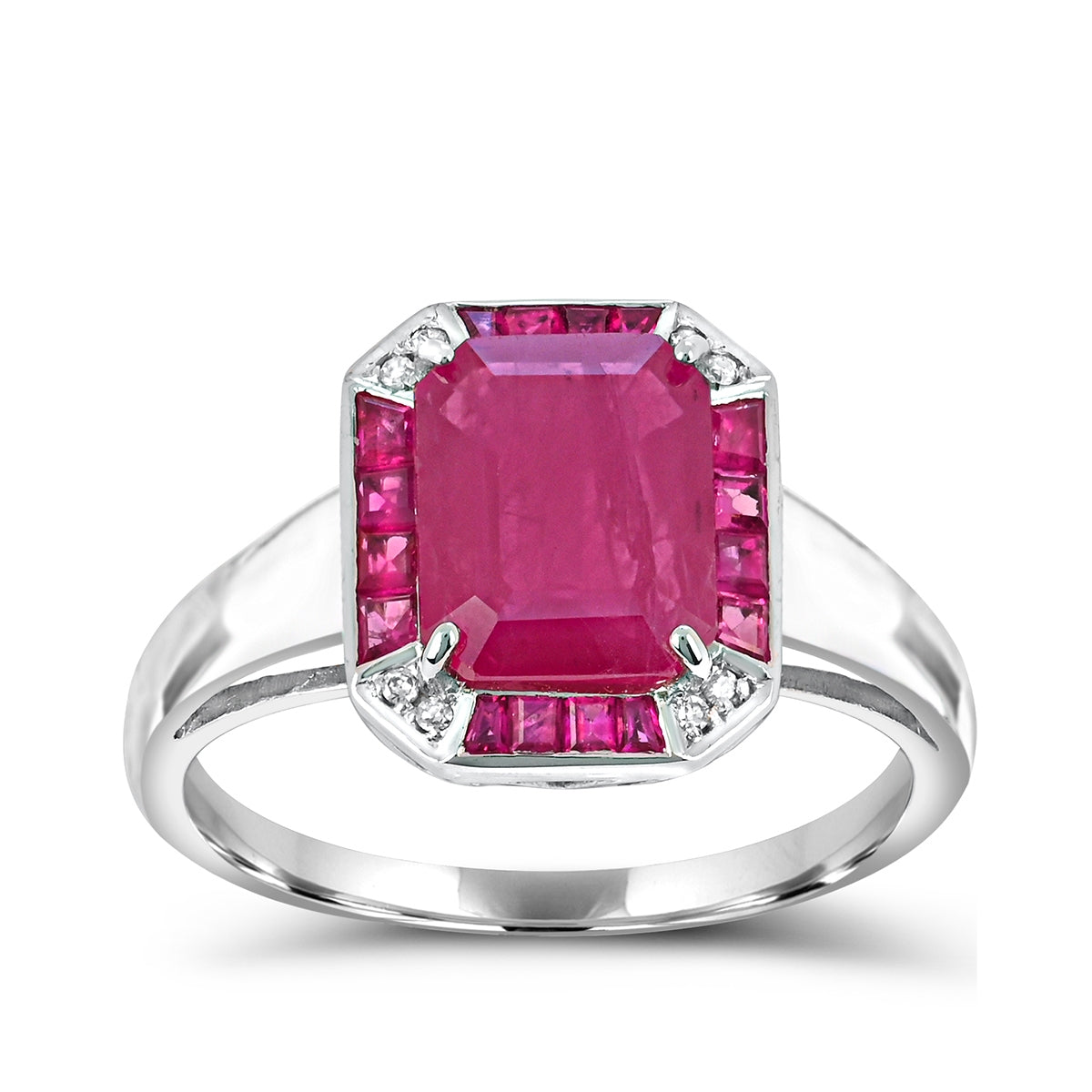 Emerald Cut Ruby Ring with Diamond Accent & Ruby Halo in 14K White Gold
