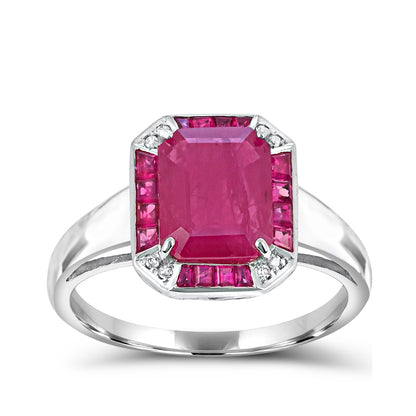 Emerald Cut Ruby Ring with Diamond Accent & Ruby Halo in 14K White Gold