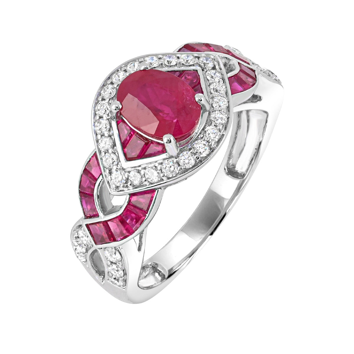 Oval Ruby & 1/7 ct. tw. Diamond Halo Twist Ring in 14K White Gold front view
