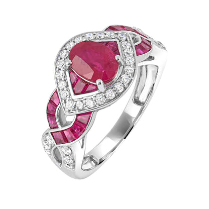 Oval Ruby & 1/7 ct. tw. Diamond Halo Twist Ring in 14K White Gold front view
