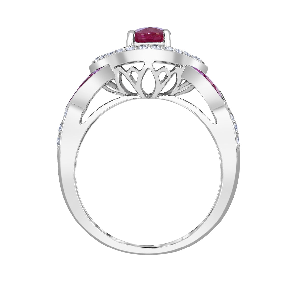Oval Ruby & 1/7 ct. tw. Diamond Halo Twist Ring in 14K White Gold close-up detail