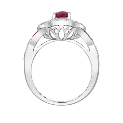 Oval Ruby & 1/7 ct. tw. Diamond Halo Twist Ring in 14K White Gold close-up detail
