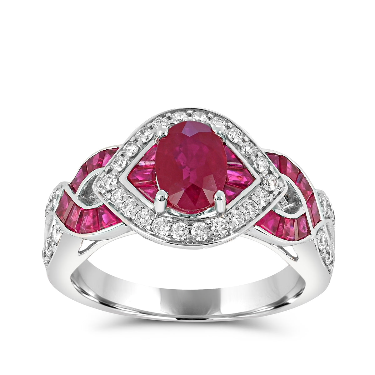 Oval Ruby & 1/7 ct. tw. Diamond Halo Twist Ring in 14K White Gold