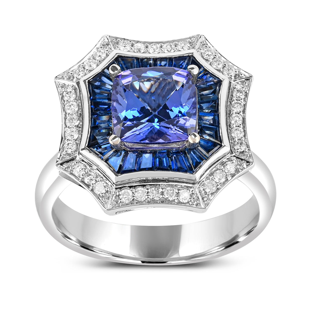 Cushion Tanzanite, Sapphire & 1/8 ct. tw. Diamond Octagon Halo Ring in 14K White Gold